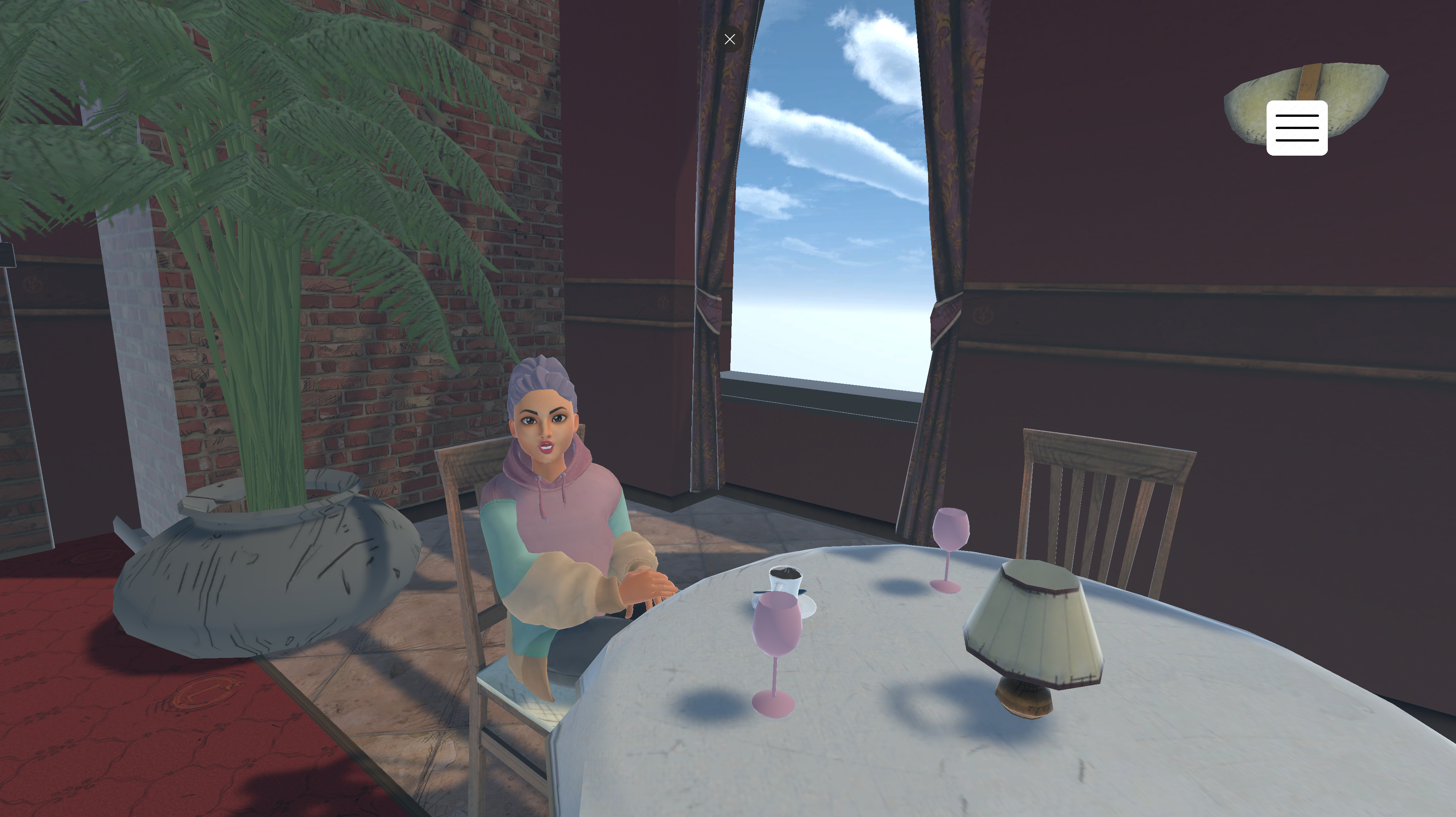 SMART-B-Simulator: Rezeption mit Blick auf eine Terrasse und Anzeige für die Sprachkommunikation